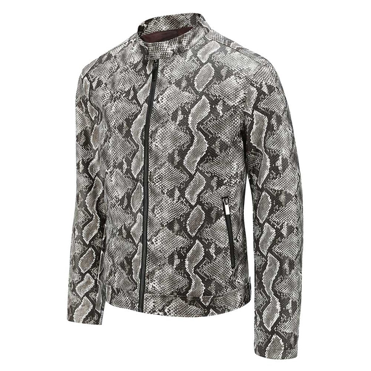 Youthup Mens Stand Collar Snake Print Full-Zip Pu Leather Jacket