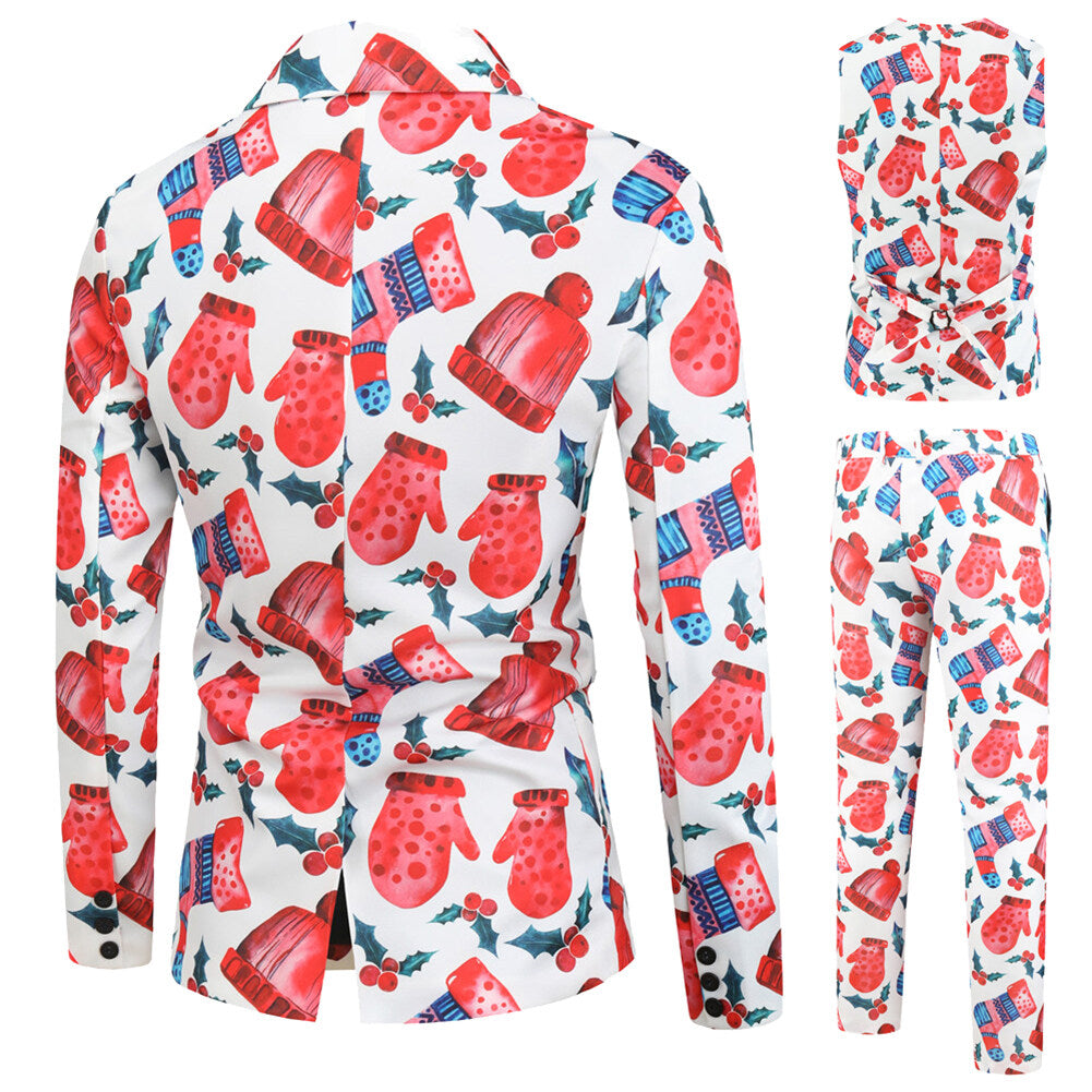 Youthup Mens Christmas Suit 3-Pce Gloves Socks Hat Print Blazer Vest Pants
