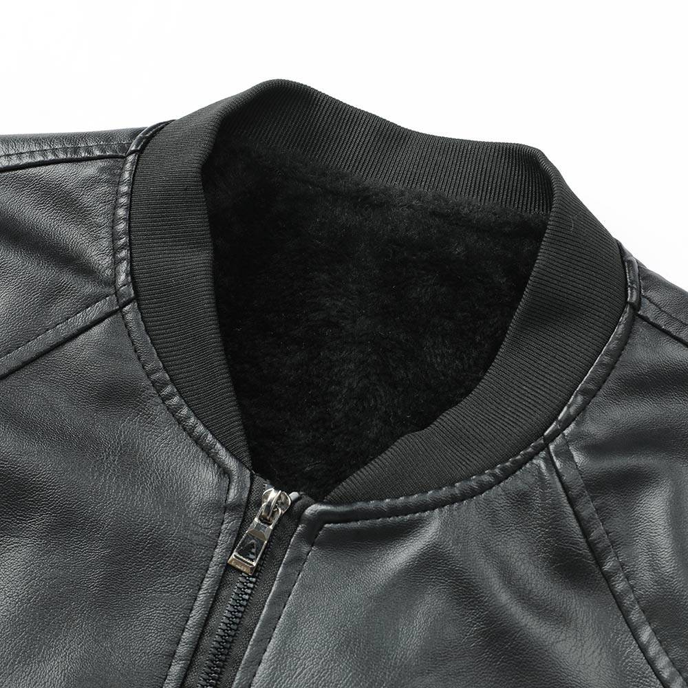 Youthup Mens Winter Round Neck Plush Lined Zipper Leather Jacket