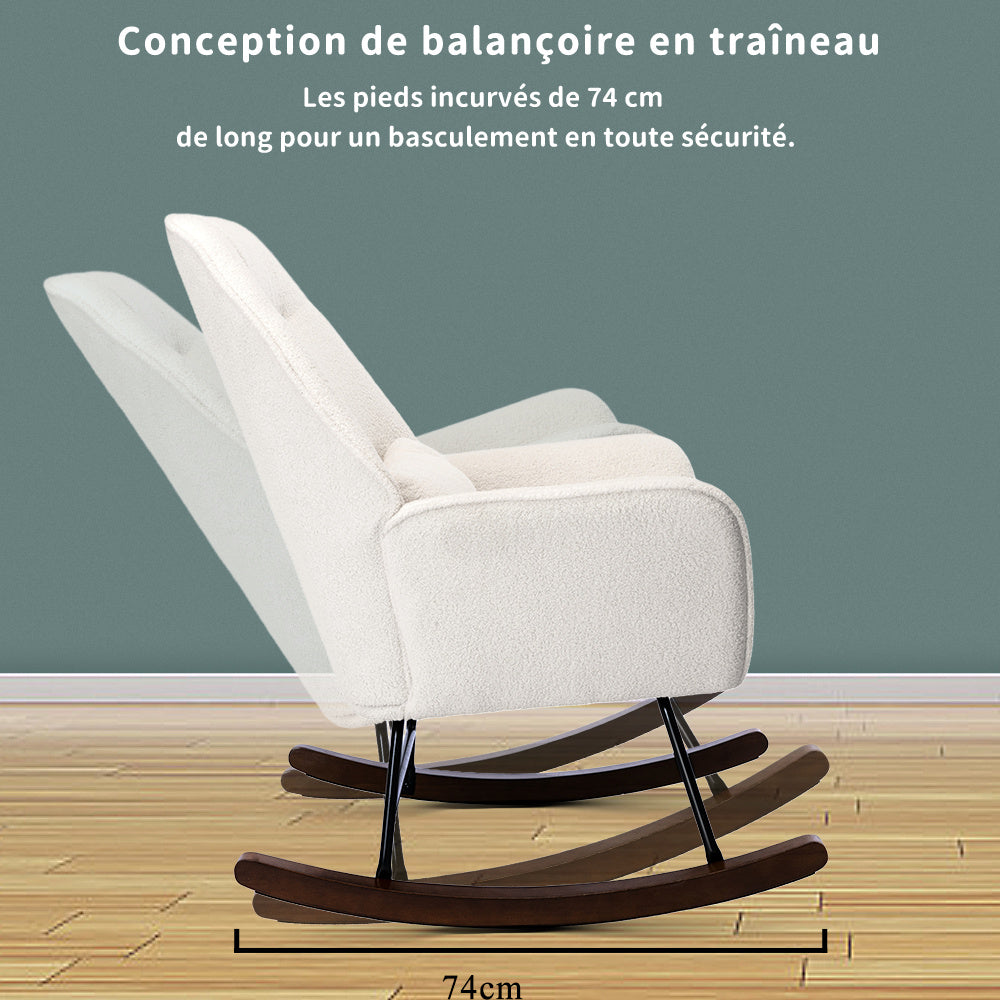 Fauteuil à Bascule en Laine d'agneau Fauteuil en Laine Moderne, Chaise à Bascule Confortable avec Pieds en Bois Massif  Beige