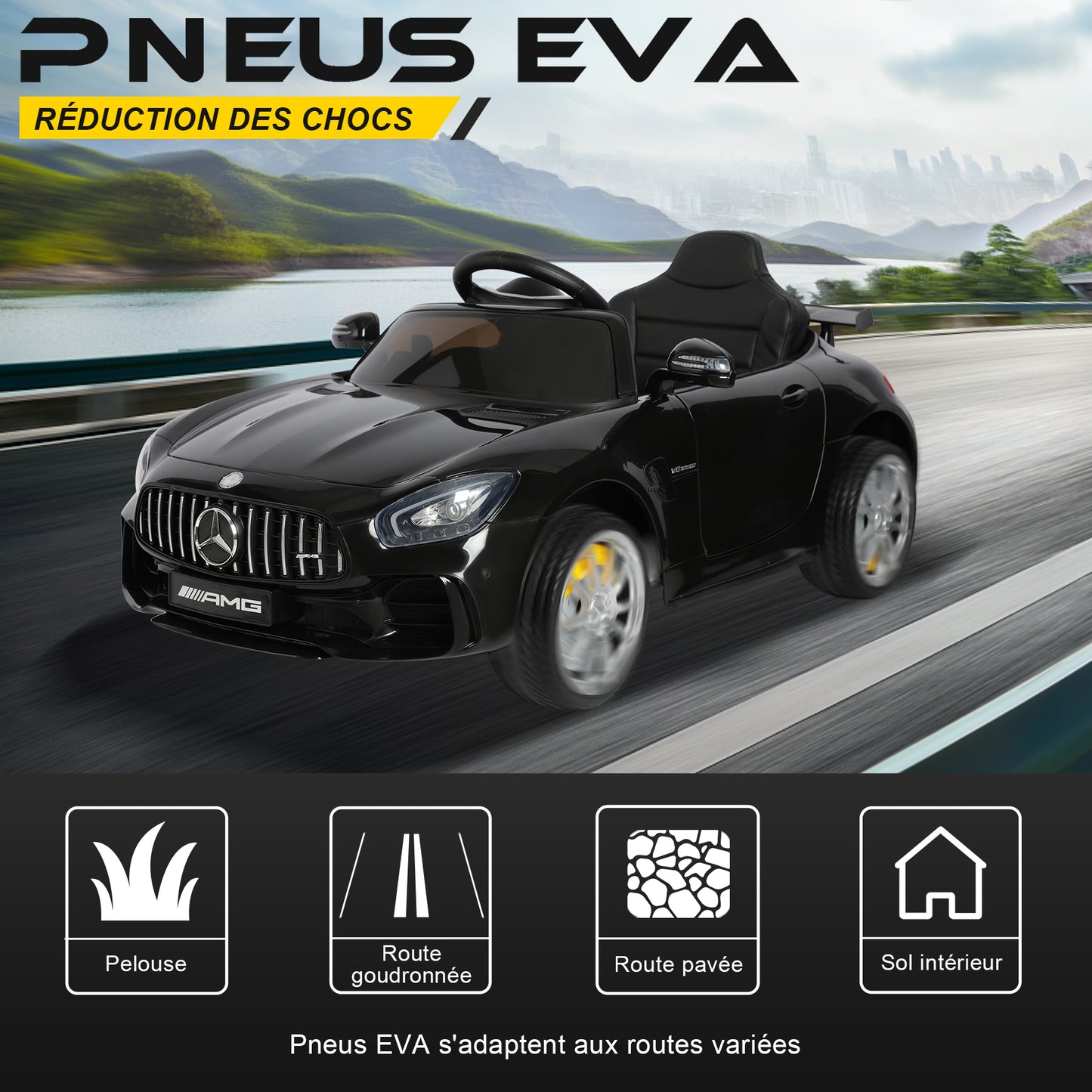 Voiture Electrique Mercedes-AMG GTR pour Enfant 3ans+,avec 2.4G Télécommande 2x15W 12V Vitesse 2km/h 25KG Portante, Noir