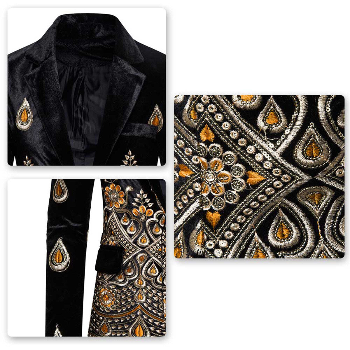 Youthup Mens Slim Fit Velvet Embroidery Party Evening Wedding Suit Blazer