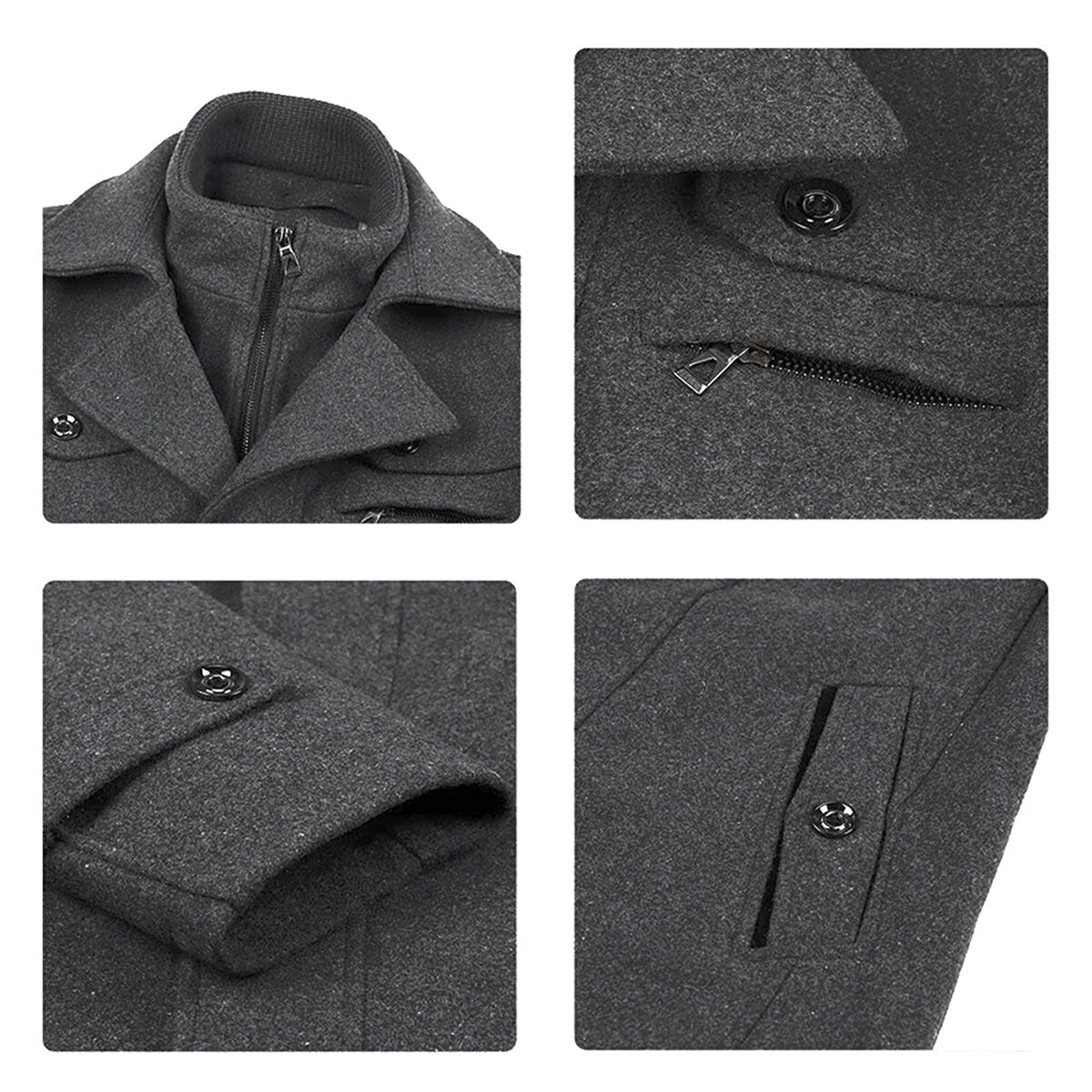 Youthup Mens Thickened Double Collar Casual Wool Pea Coat
