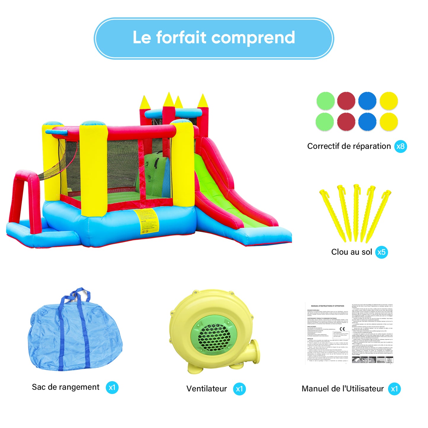 Toboggan gonflable avec piscine pour 3 Enfants Aire de jeux gonflable 340x210x178cm  Poids Portant 90KG