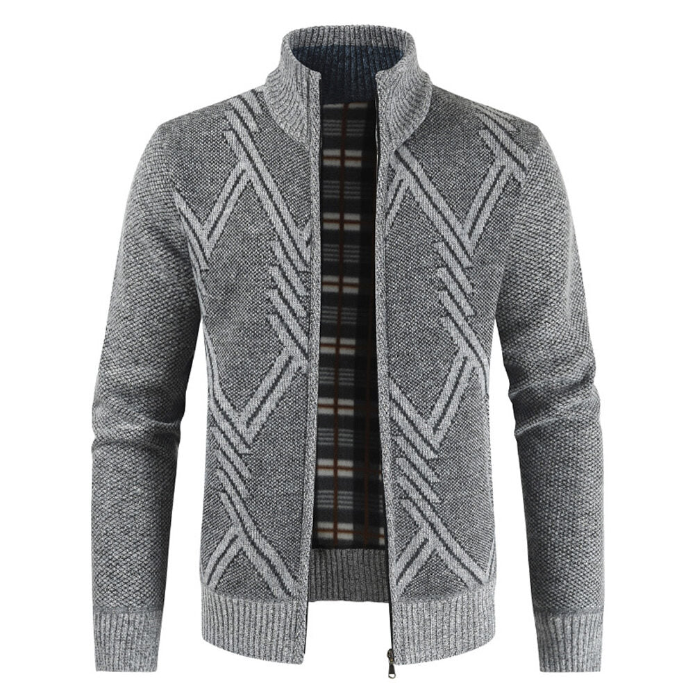 Youthup Mens Fleece Stand Collar Geometric Pattern Knitted Cardigan