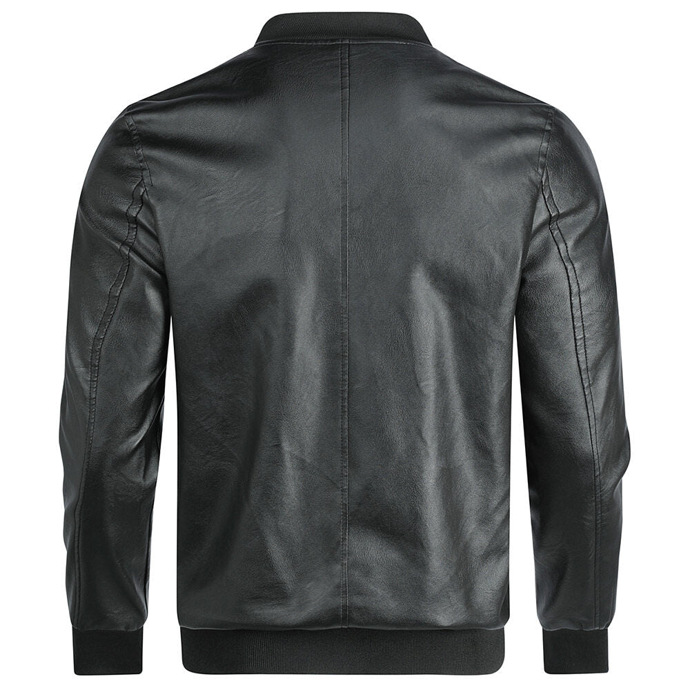 Youthup Mens Round Neck Motorcycle Cropped Leather Jacket