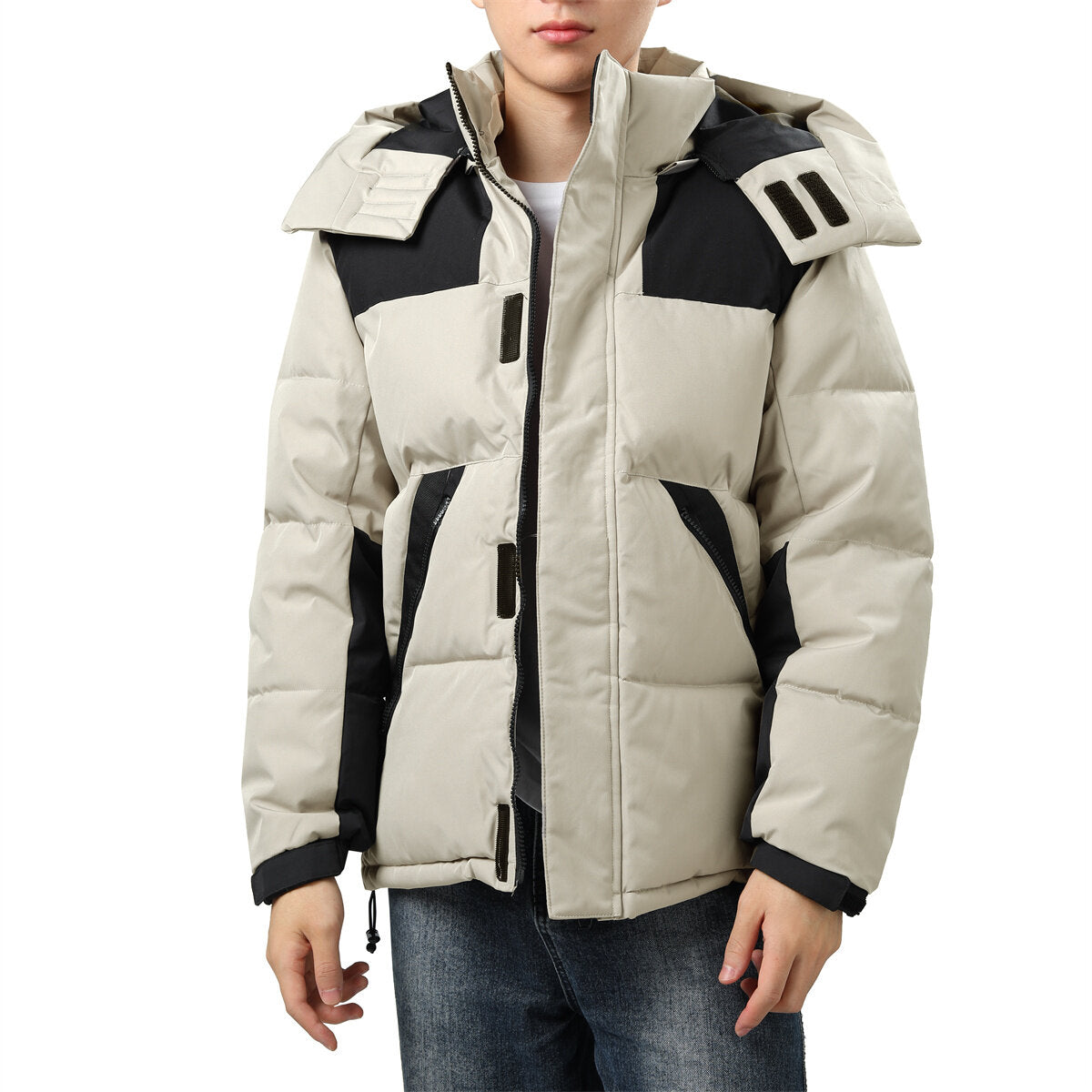 YOUTHUP Mens Winter Cotton Coat Colorblock Thick Hooded Jacket
