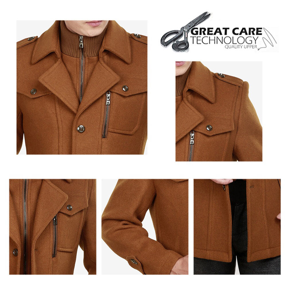 Youthup Mens Fake Two-Piece Neck Slim Fit Wool Pea Coat