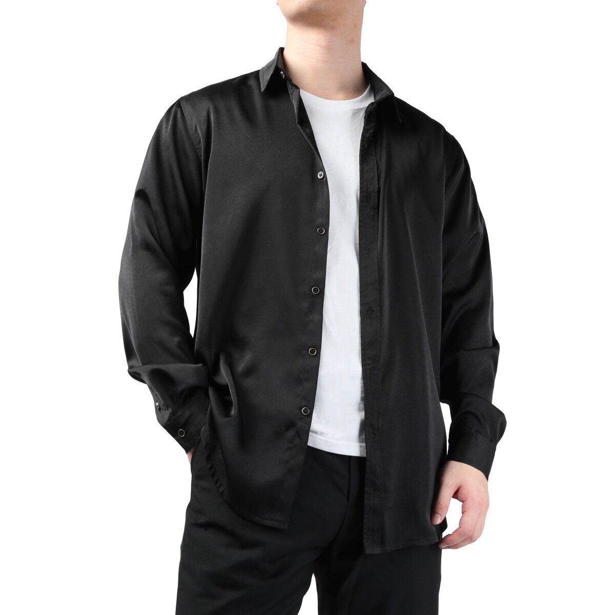 YOUTHUP Mens Silky Shirt Summer Casual Solid Color Long Sleeves