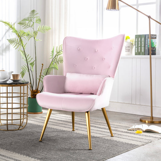 Fauteuil de Salon Scandinave avec Oreiller Lombaire Fauteuil Style Moderne en Tissu Velours pour Salon, Chambre Rose