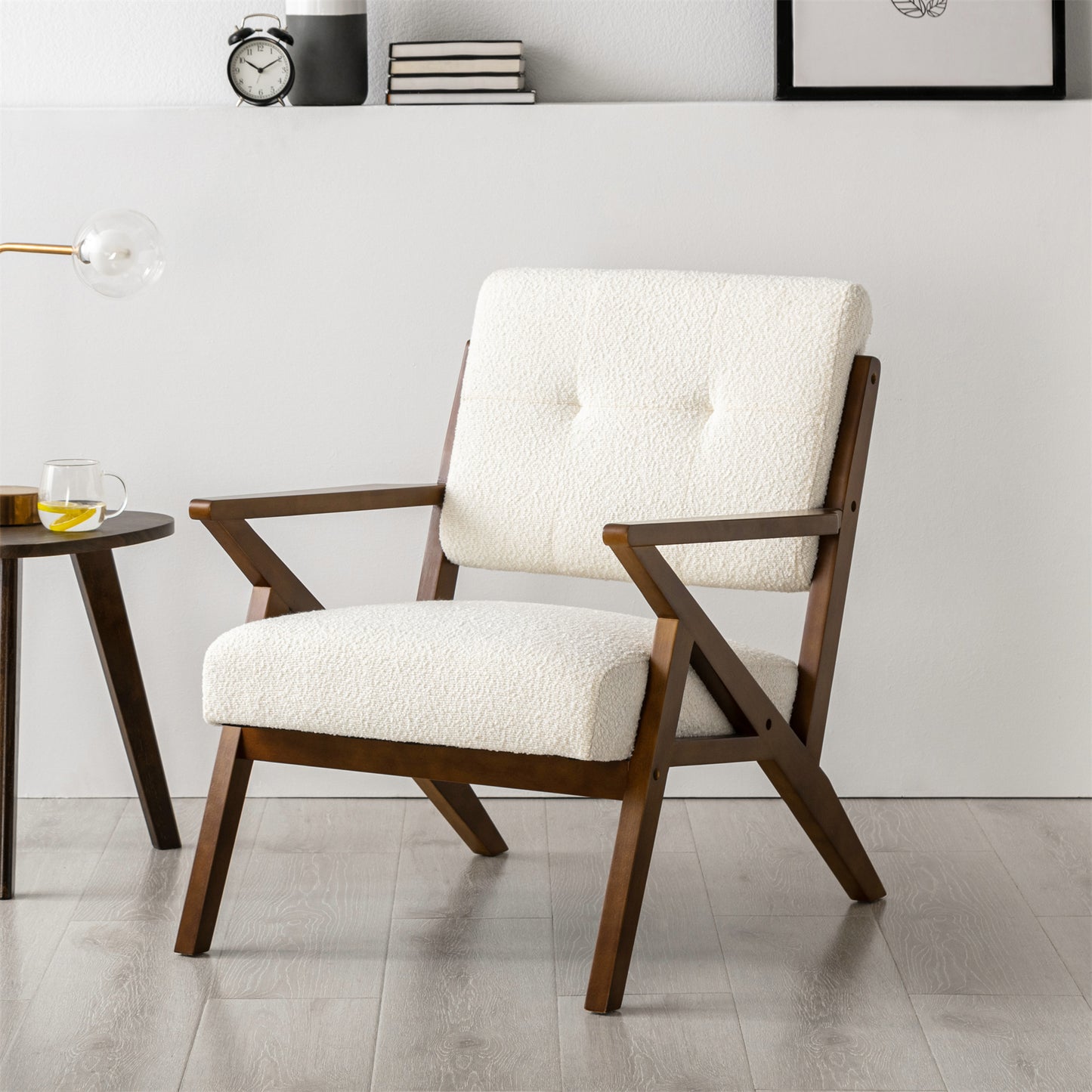 Fauteuil Salon en Tissu Polaire, Fauteuil Confortable Dossier Ergonomique Fauteuil Vintage en Bois Massif Beige