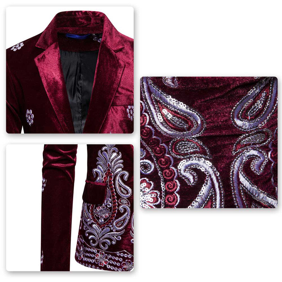 Youthup Mens Velvet Embroidered Jacket Show Party Evening Suit Blazer