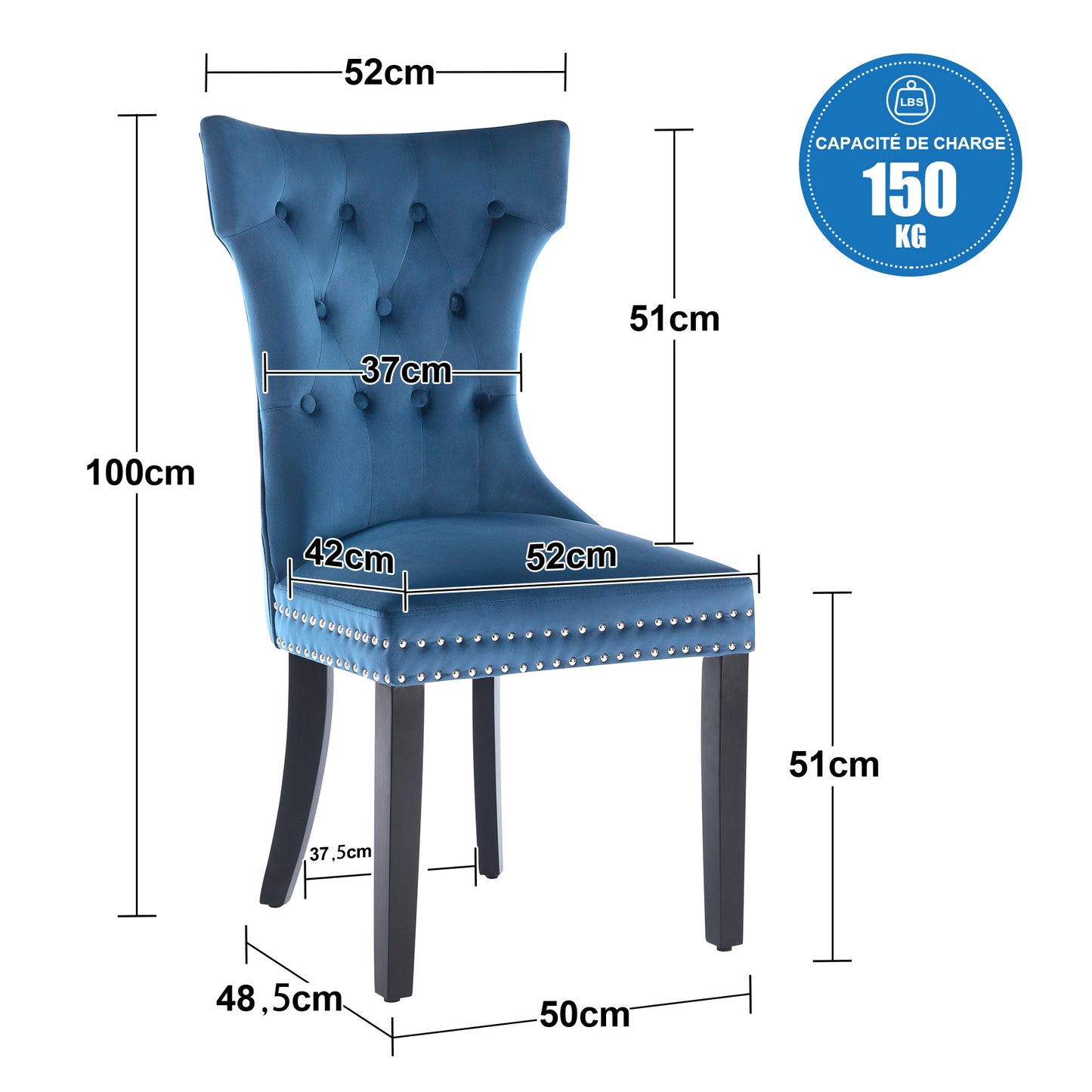 Lot de 2 Chaise de Salle a Manger Capitonnées en Velours, Chaise Confortable avec Rembourrage Épais et Pieds en Bois d'Hévéa,Bleu
