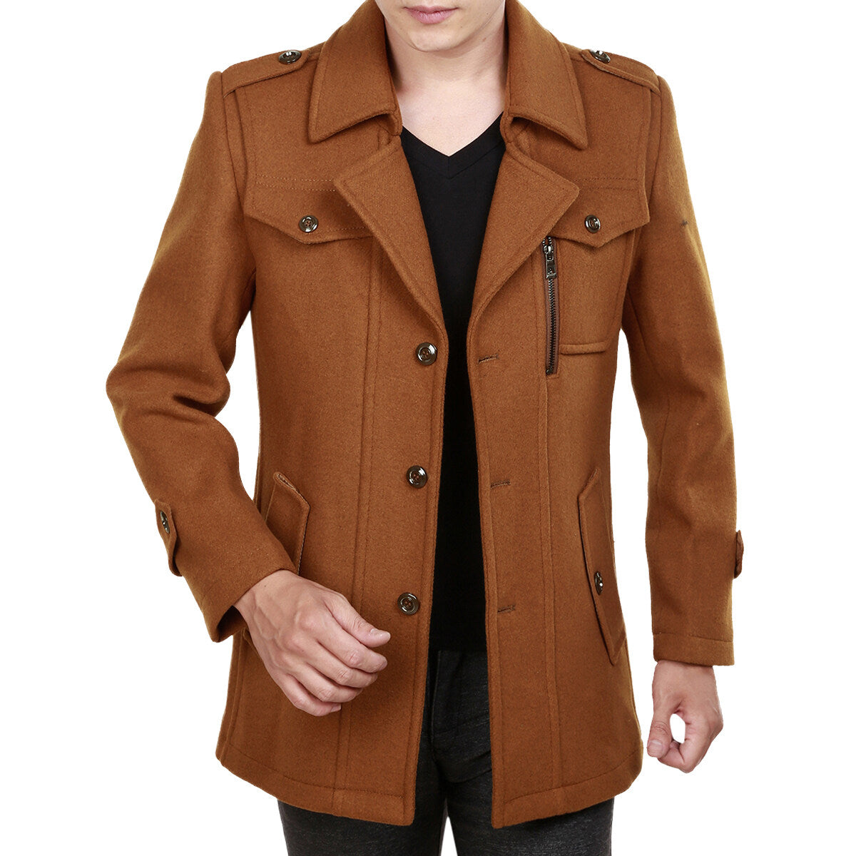 Youthup Mens Fake Two-Piece Neck Slim Fit Wool Pea Coat
