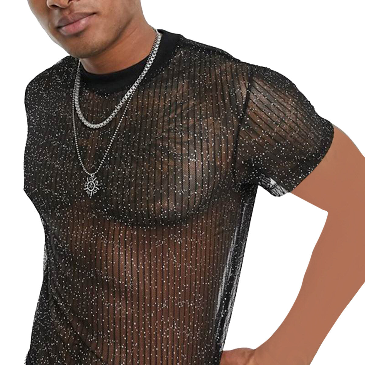 Youthup Mens Shiny Sequin Sheer Pullover Short Sleeve T-Shirt