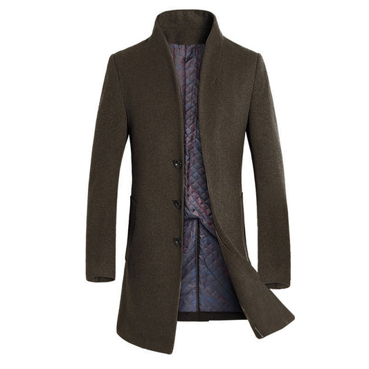 YOUTHUP Mens Trench Coat Winter Thick Wool Mid-Length Slim Fit Warm Casual