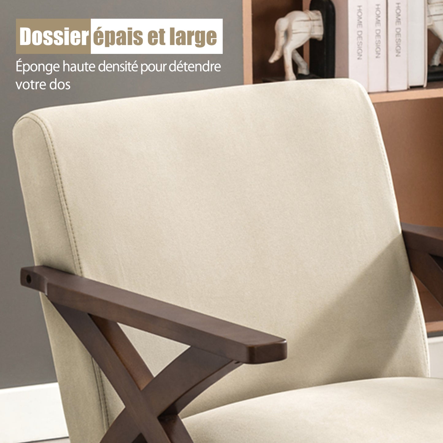 Fauteuil en Bois Massif  Fauteuil avec Conception d'Accoudoir en Forme X, Dossier Ergonomique pour bureau,chambre,salon, Marron clair