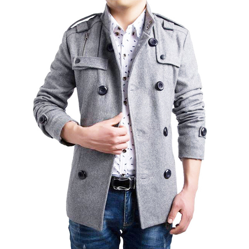 Youthup Mens Woolen Coat Double Breasted Slim Fit Thermal Coat