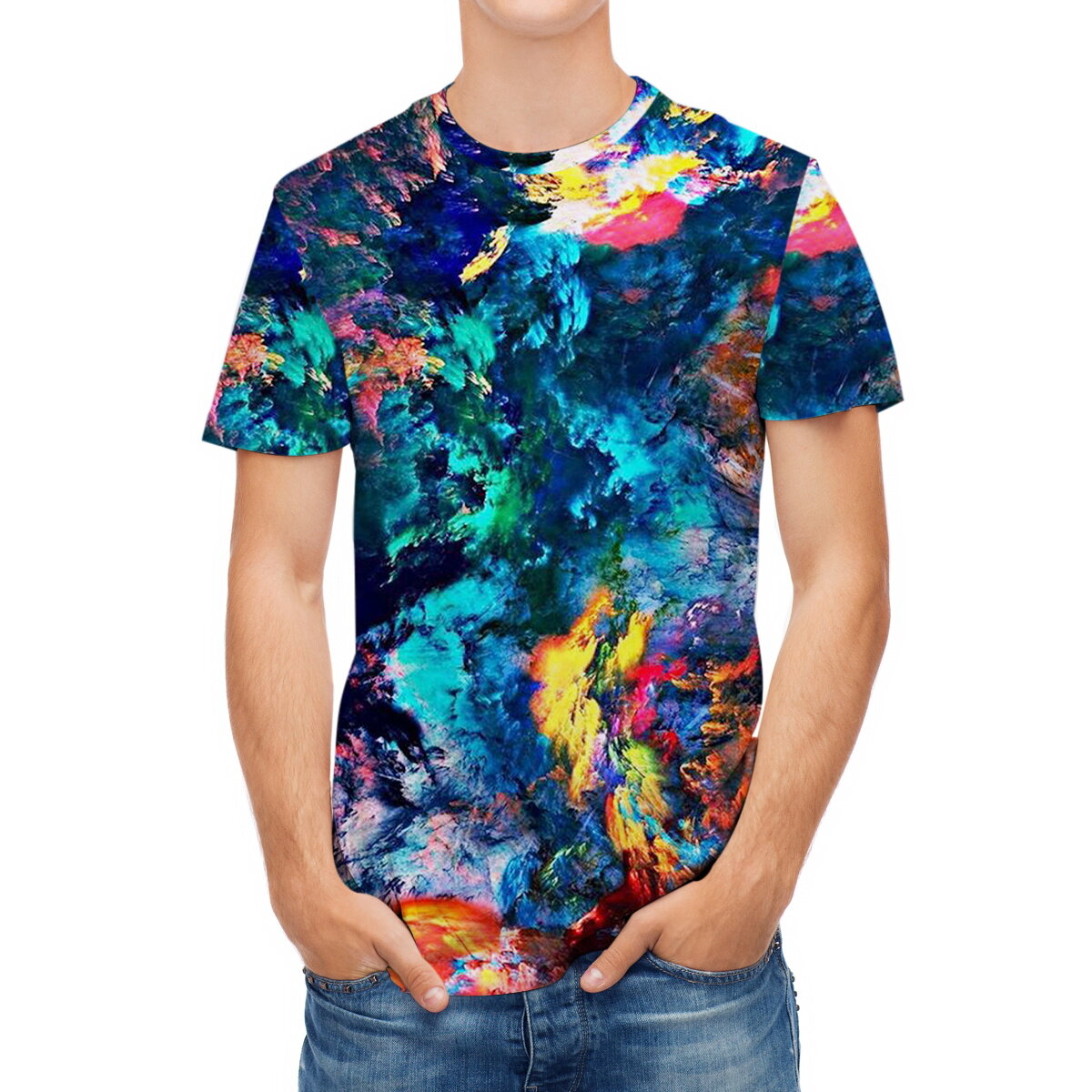 Youthup Mens Multicolor Oil Painting Short Sleeve Shirt