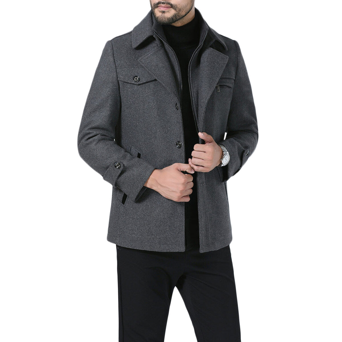 Youthup Mens Short Overcoat Fake Two-Piece Wool Jacket