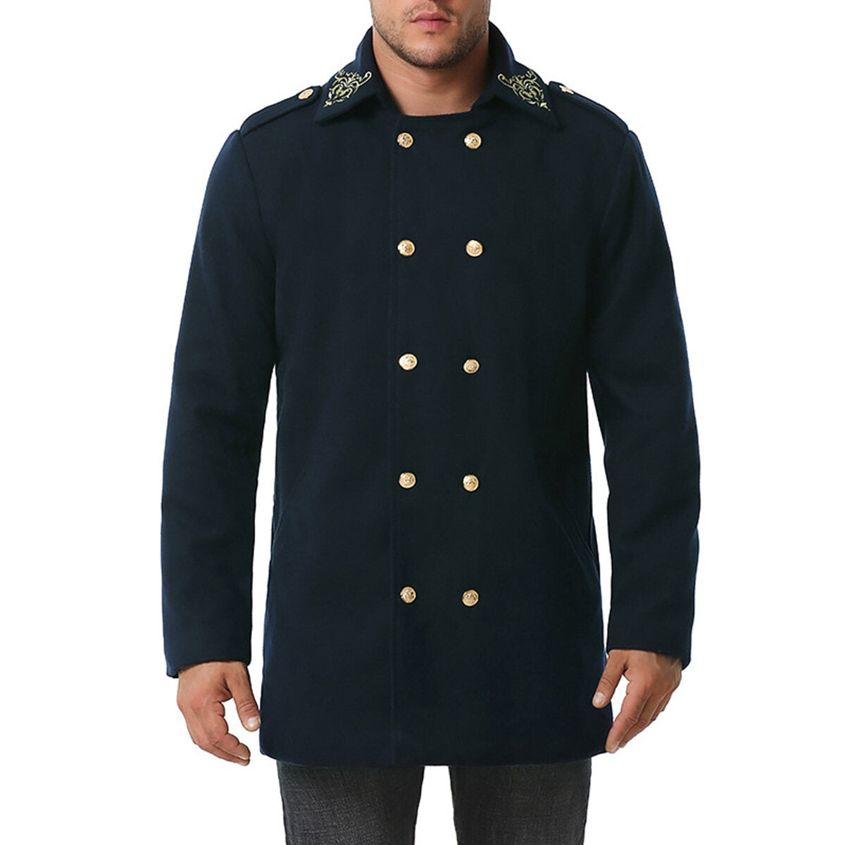 Youthup Mens Foil Stamping Print Lapel Wool Pea Coat