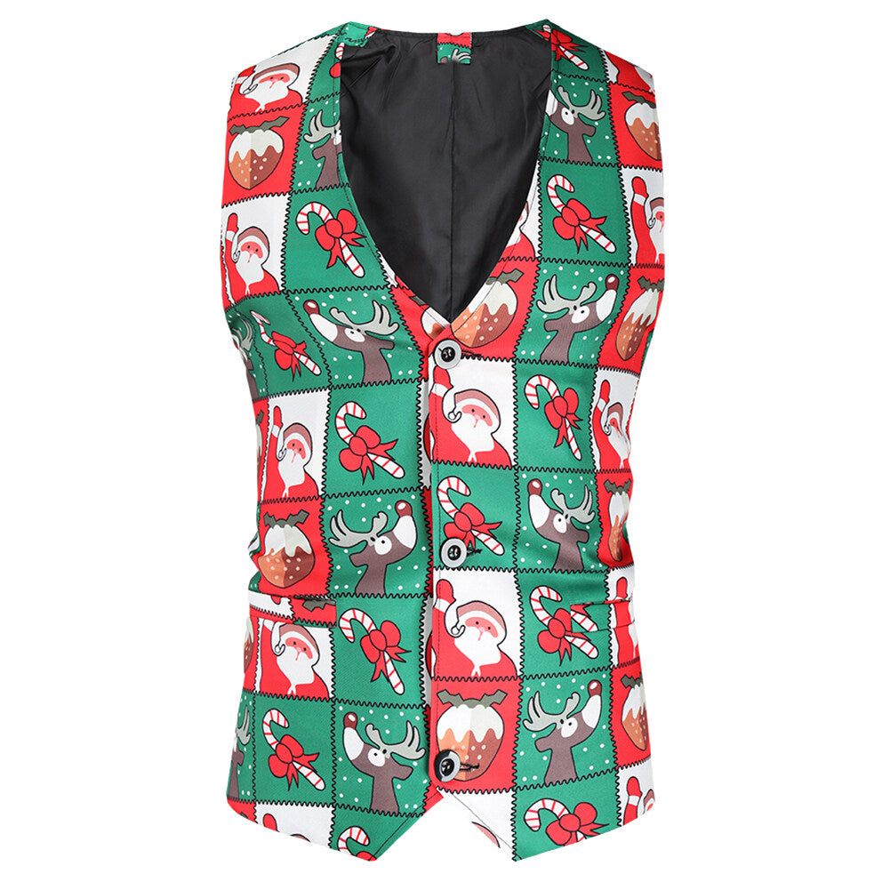 Youthup Mens Christmas 3Pce Suit Plaid Print Slim Fit Blazer Vest Trousers