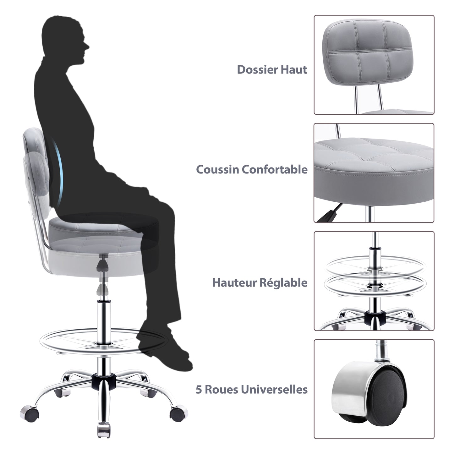 Tabouret roulettes avec Dossier et Anneau en Métal, Tabouret  Rotation à 360° Hauteur Réglable 63-76cm, Tabouret Ergonomique Gris