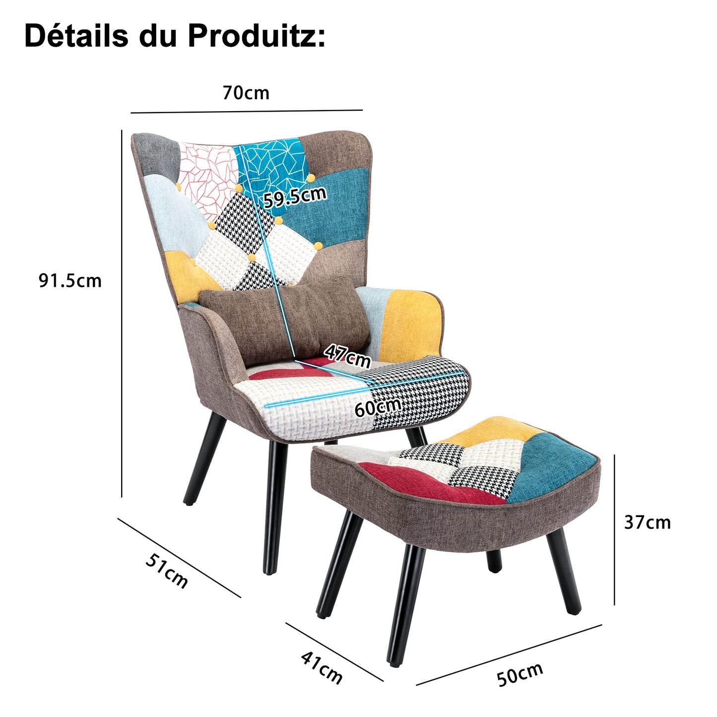 Fauteuil Patchwork Scandinave  avec pieds-repose, Oreiller lombaire  Pieds Bois Massif ,Salon Balcon Tissu en Lin  Multicolore