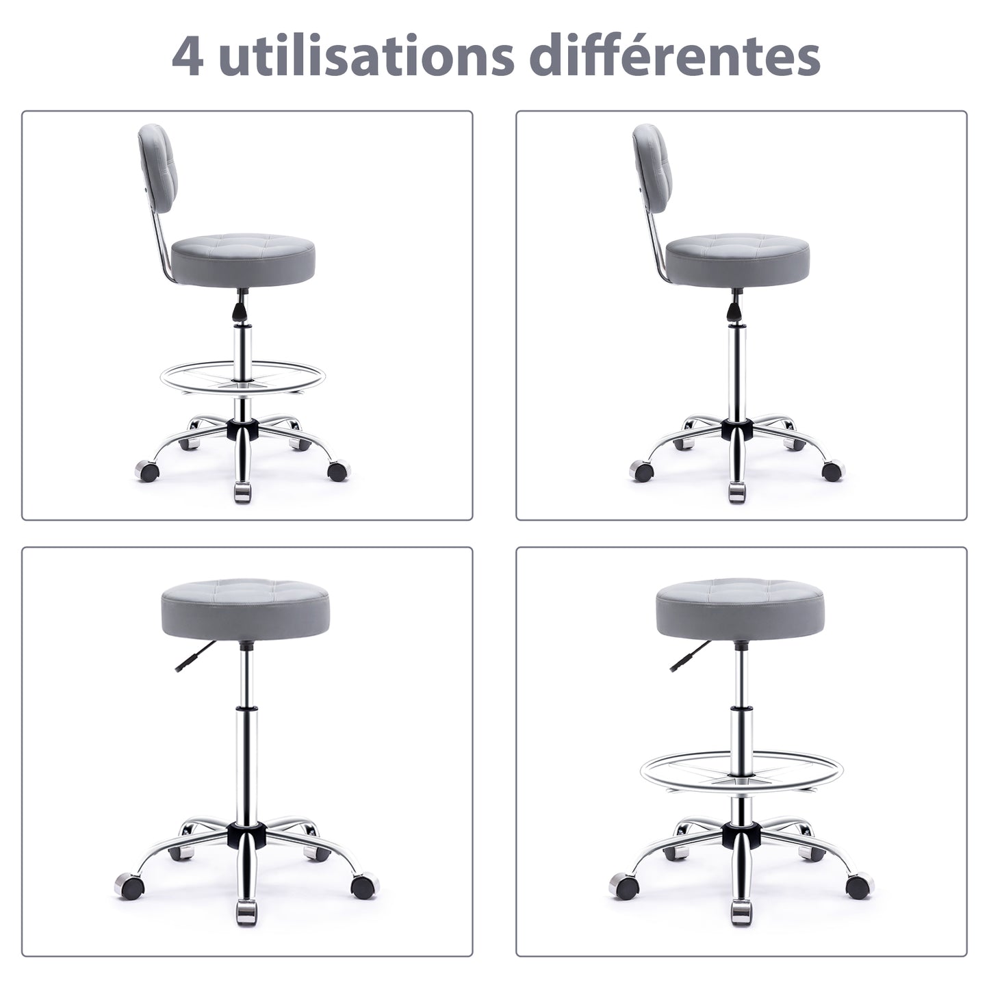 Tabouret roulettes avec Dossier et Anneau en Métal, Tabouret  Rotation à 360° Hauteur Réglable 63-76cm, Tabouret Ergonomique Gris