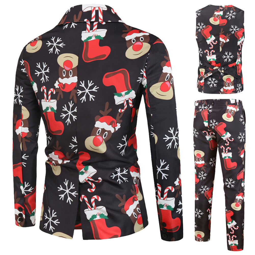 YOUTHUP Mens 3 Piece Suit Christmas Elk Print Single Breasted Holiday Dress for Dinner or Party