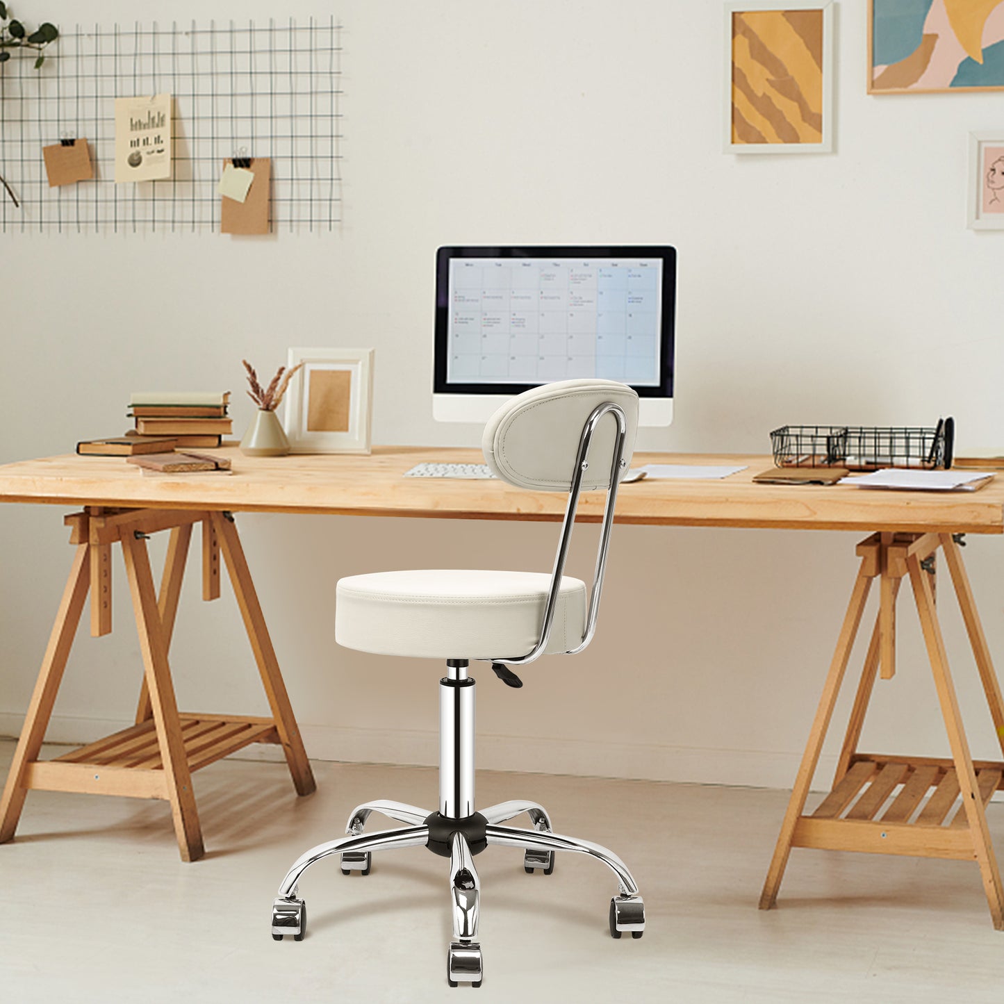 Tabouret de Bar Rond à roulettes Pivotant 360° de Massage  EN HAUTEUR REGLABLE pour SPA ,Salon ,Salle ,Médicale Blanc