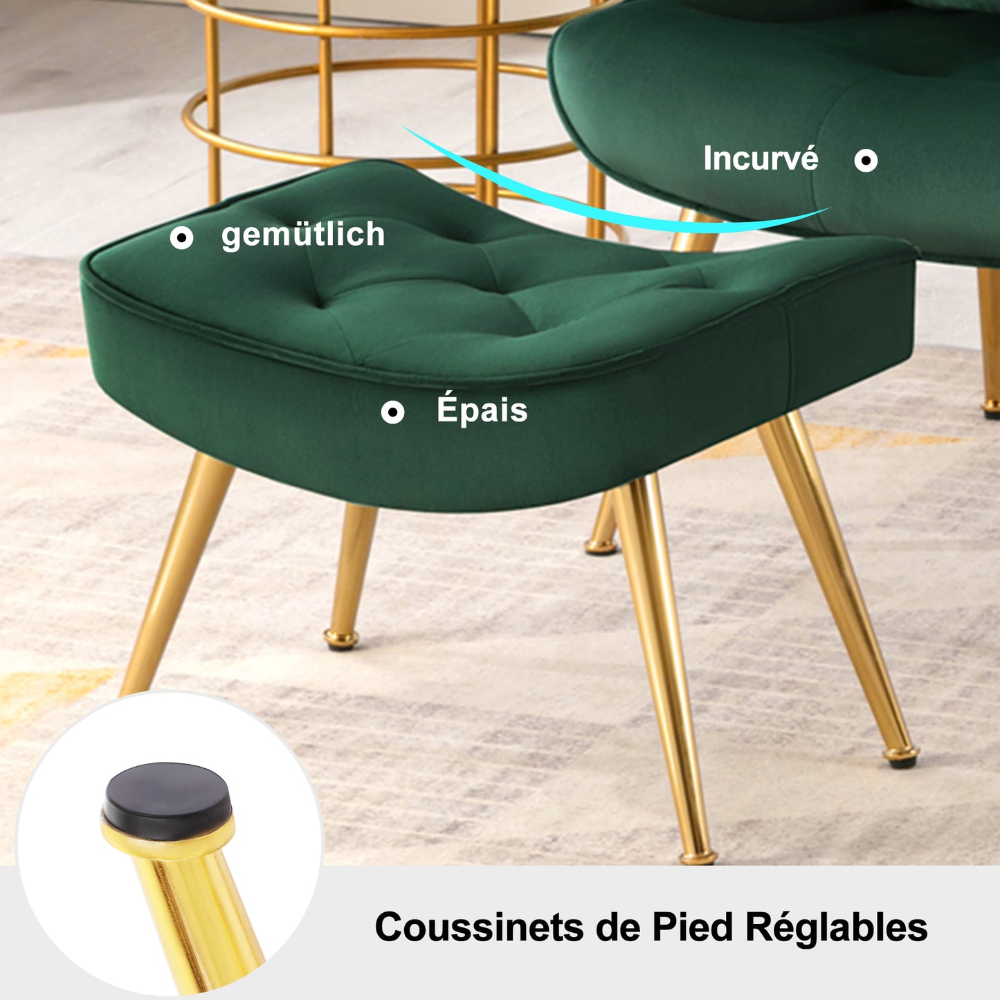 Fauteuil Scandinave avec Repose-Pieds,Support Lombaire et Pieds en Métal, Fauteuil Ergonomique Boutonnée de Dossier Vert Foncé