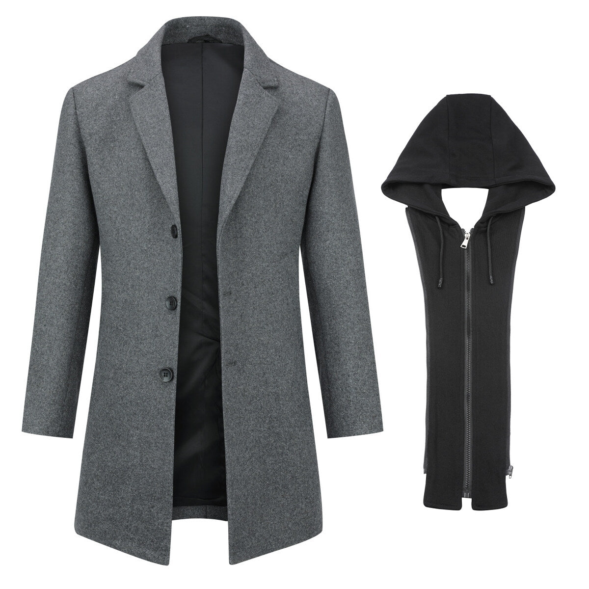 Youthup Mens Slim Fit Wool Coat Elegant Removable Hood Trench Overcoat