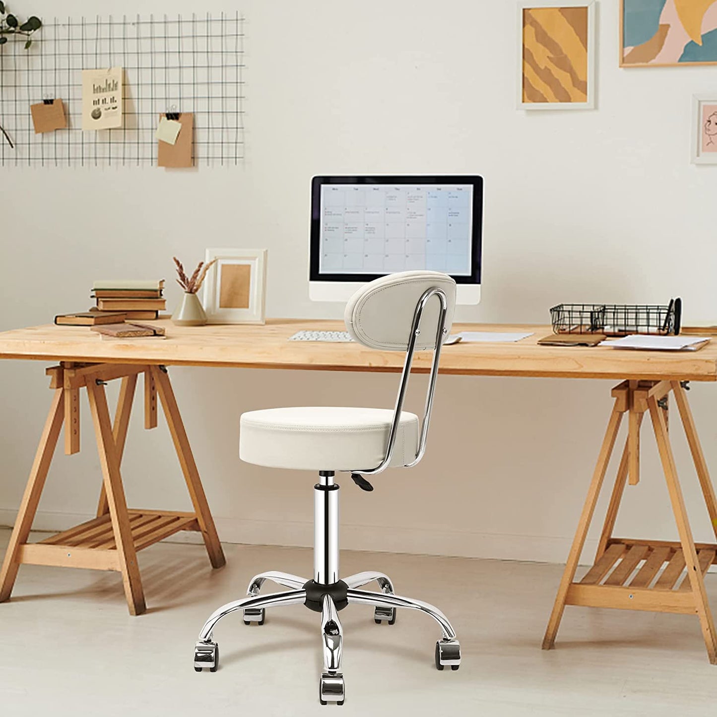 Tabouret de Bar Rond à roulettes Pivotant 360° de Massage  EN HAUTEUR REGLABLE pour SPA ,Salon ,Salle ,Médicale Blanc