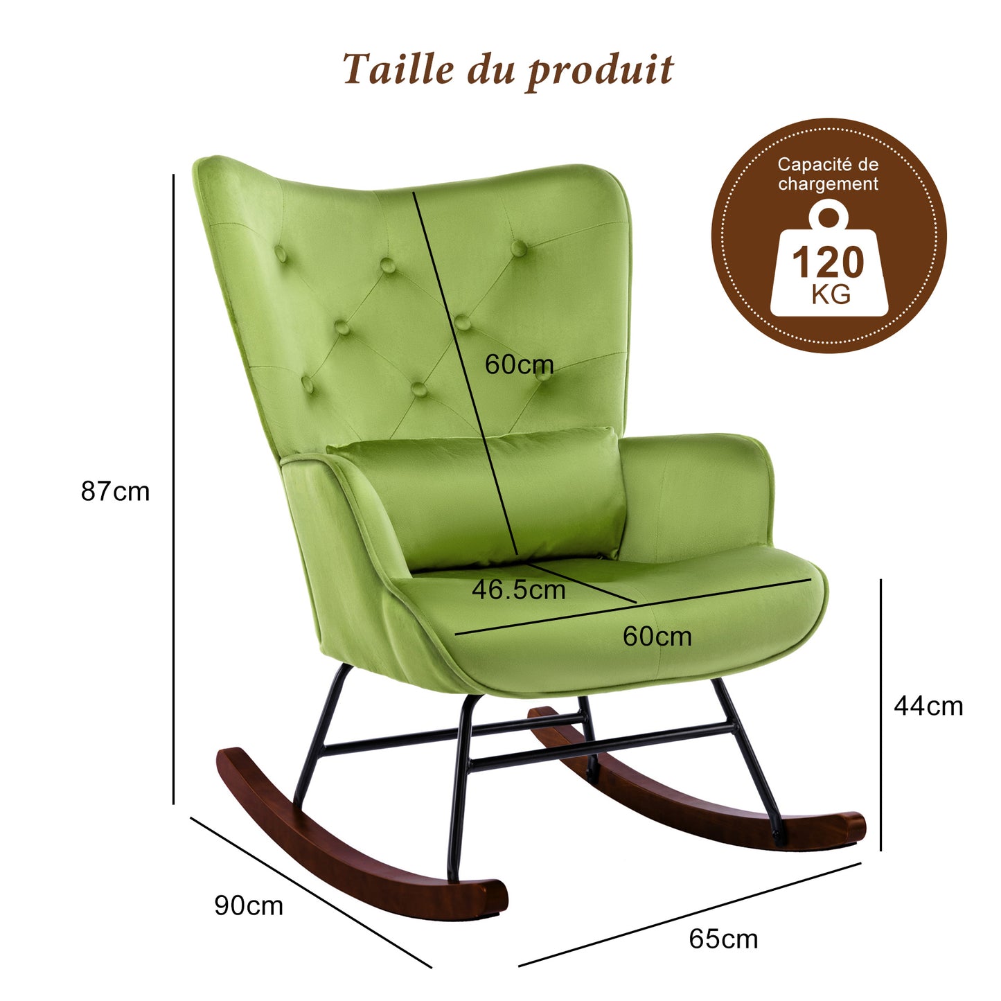 Fauteuil à Bascule  Rembourré en Velours Moderne  pour Salon, Chaise à Bascule à Dossier Haut avec Pieds en Bois, Vert gazon
