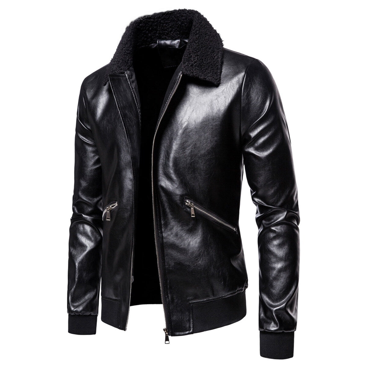 Youthup Mens Zipper Fur Collar Lapel Outwear Coat Leather Jacket
