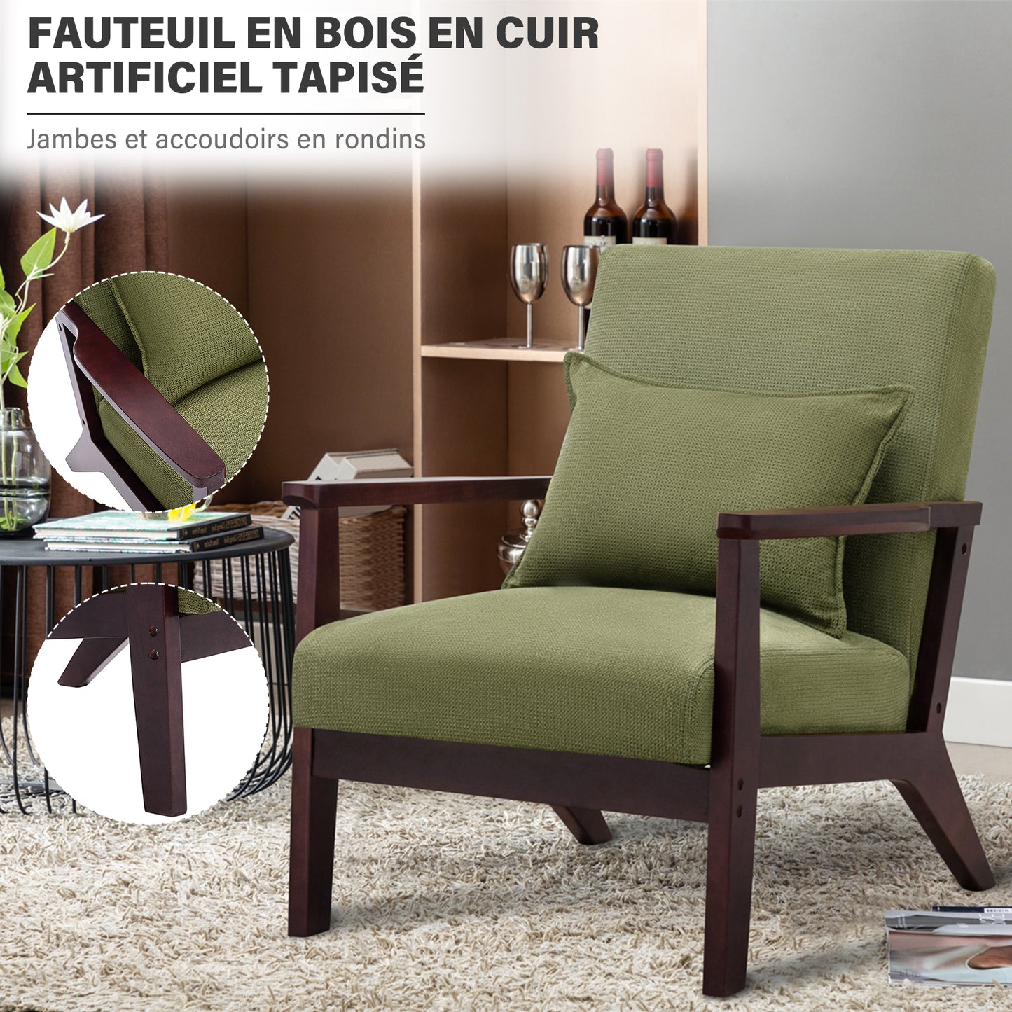 Fauteuil  tapisé style vintage Fauteuil en bois Massif de bureau de chambre à coucher, 68.5 x 81 x 80 cm en Tissu de Lin Vert