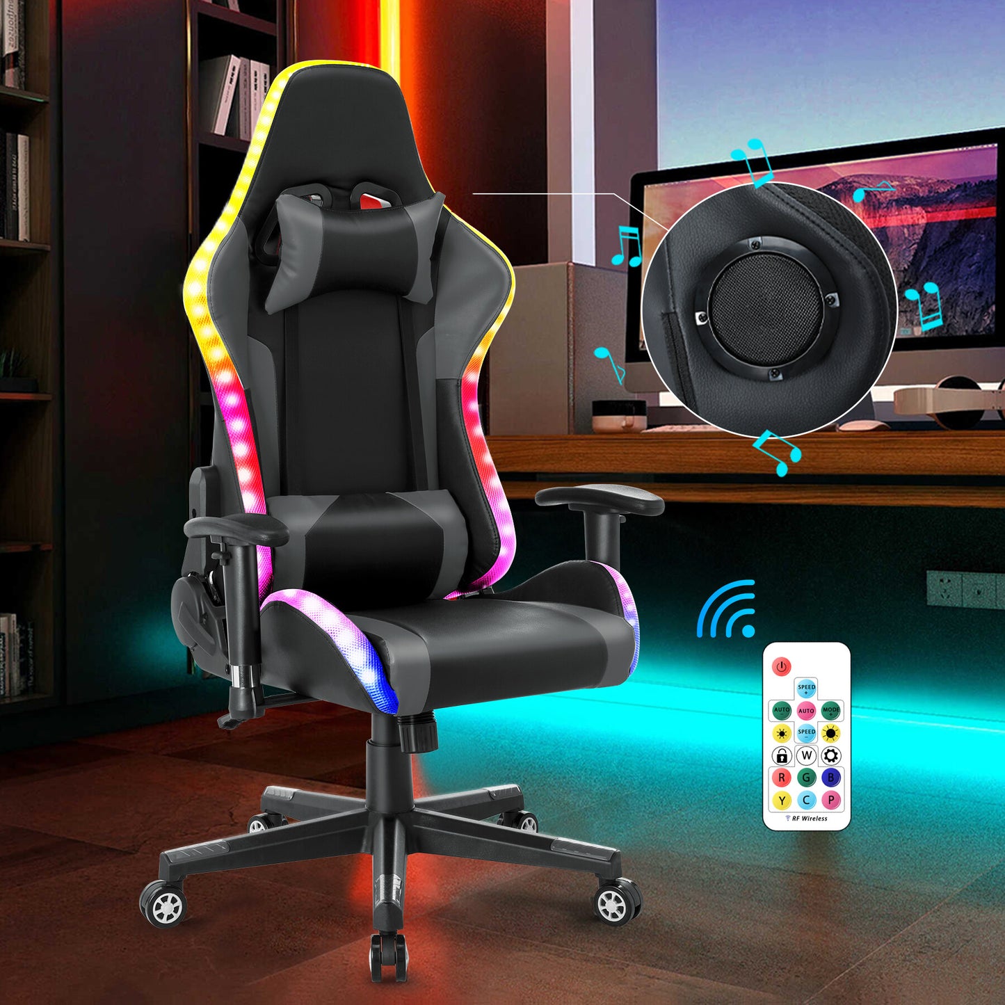 Silla gaming con luces LED RGB y altavoces, estilo racing, para oficina, de piel sintética gris.