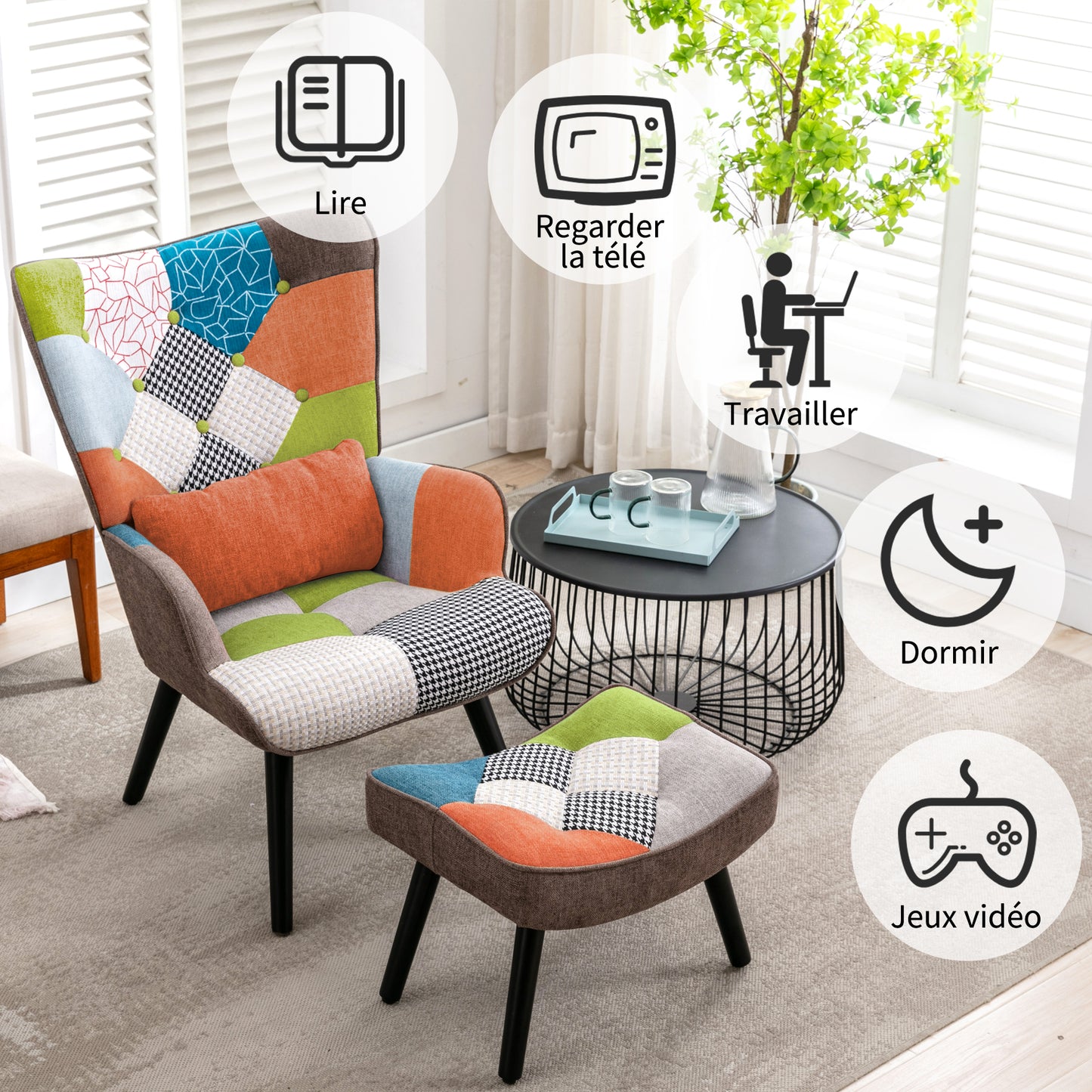 Fauteuil Patchwork Scandinave  avec pieds-repose, Oreiller lombaire  Pieds Bois Massif ,Salon Balcon Tissu en Lin  Multicolore
