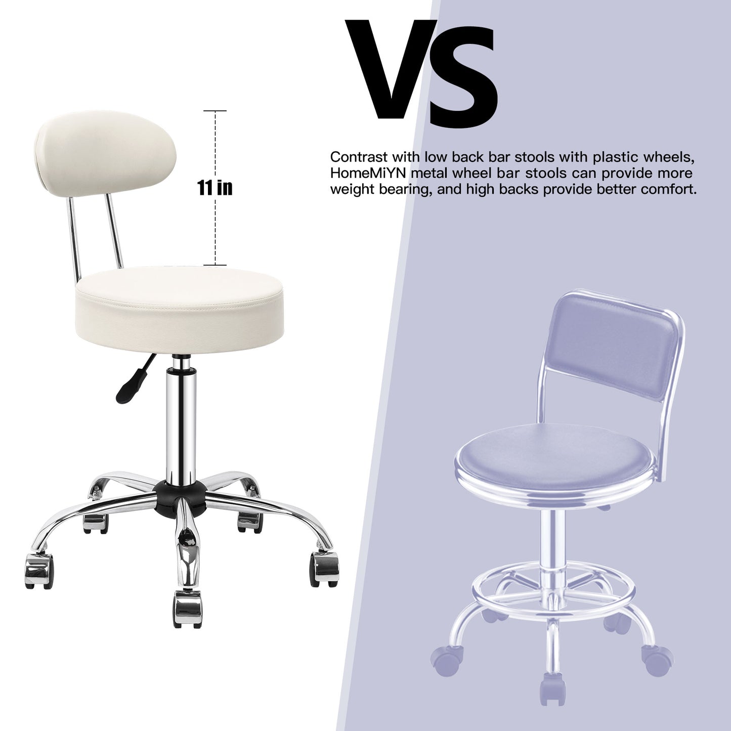 Tabouret de Bar Rond à roulettes Pivotant 360° de Massage  EN HAUTEUR REGLABLE pour SPA ,Salon ,Salle ,Médicale Blanc