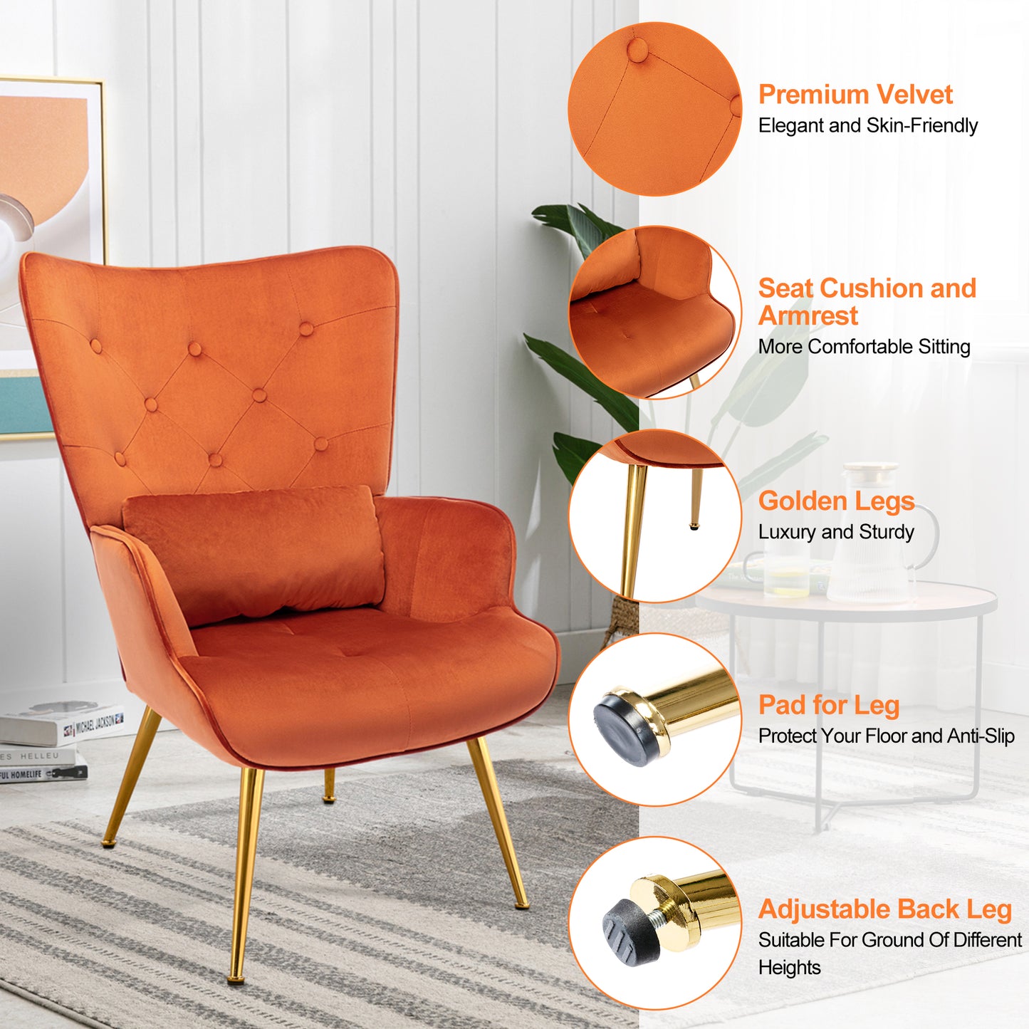 Fauteuil de Salon Scandinave avec Oreiller Lombaire Fauteuil Style Moderne en Tissu Velours pour Salon, Chambre Caramel