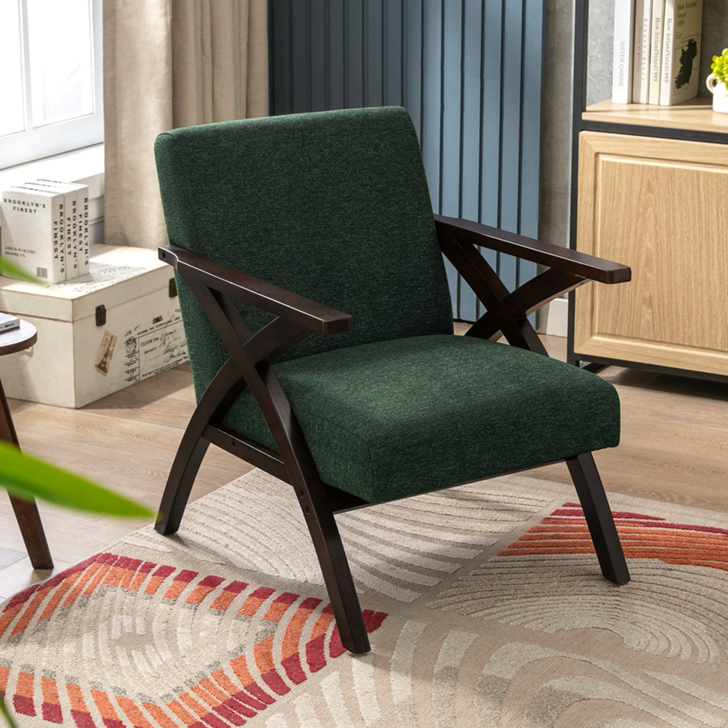 Fauteuil en Bois Massif  Fauteuil avec Conception d'Accoudoir en Forme X, Dossier Ergonomique pour bureau,chambre,salon, Vert Foncé