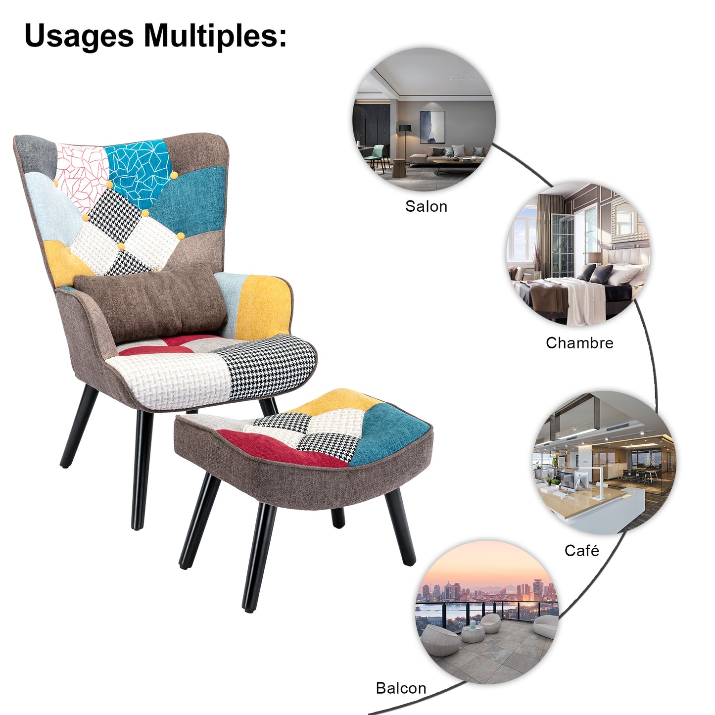 Fauteuil Patchwork Scandinave  avec pieds-repose, Oreiller lombaire  Pieds Bois Massif ,Salon Balcon Tissu en Lin  Multicolore