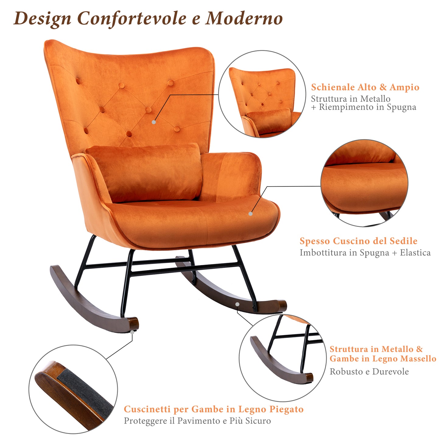 Fauteuil à Bascule  Rembourré en Velours Moderne  pour Salon, Chaise à Bascule à Dossier Haut avec Pieds en Bois, ORANGE