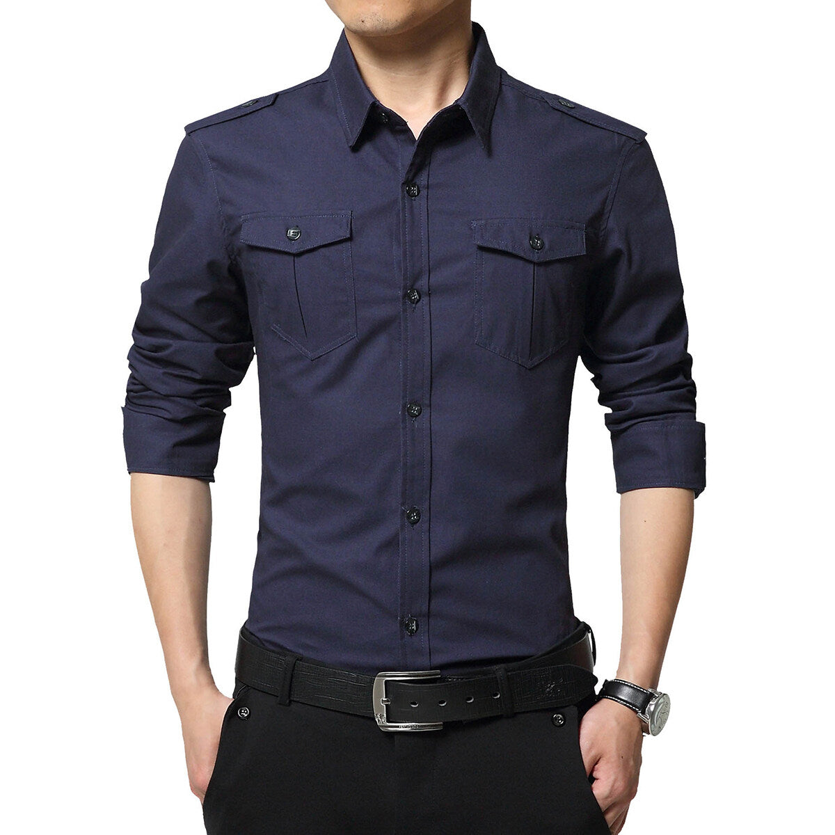 YOUTHUP Mens Utility Shirt Cotton Multi-pocket Slim Fit Top with Epaulette