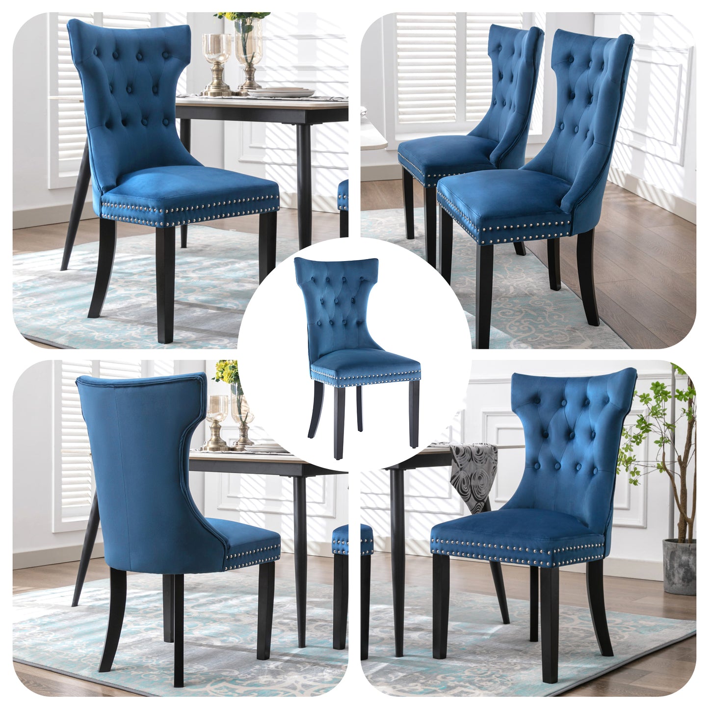 Lot de 2 Chaise de Salle a Manger Capitonnées en Velours, Chaise Confortable avec Rembourrage Épais et Pieds en Bois d'Hévéa,Bleu