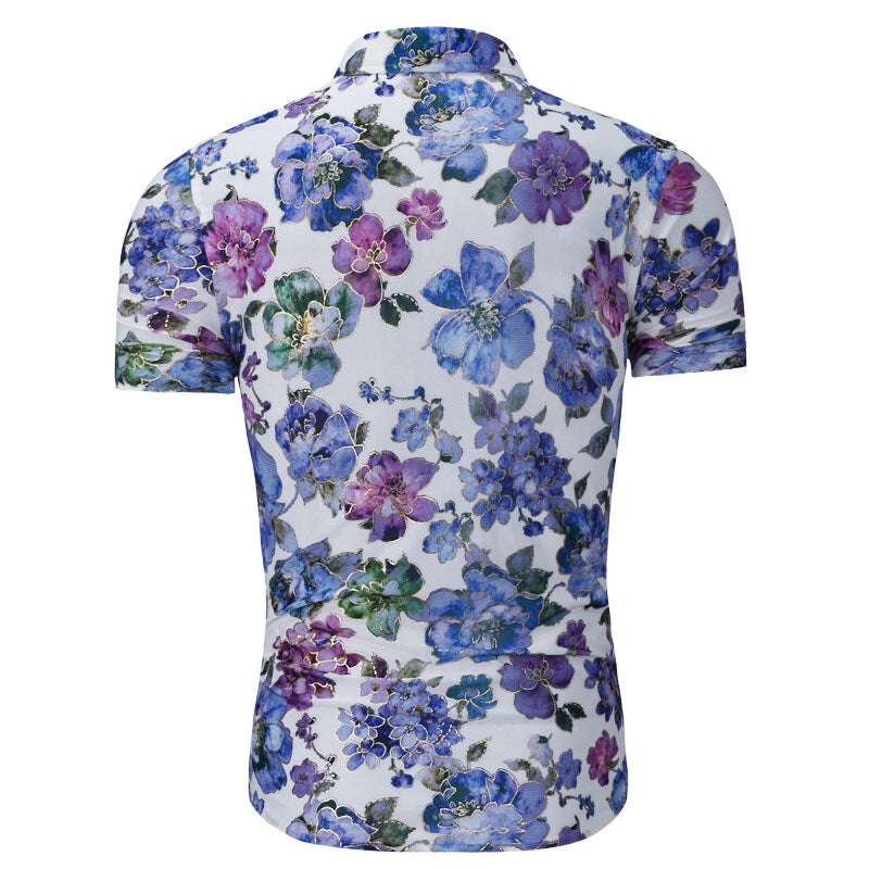 Youthup Mens Short-sleeved Flower Print Button Shirt