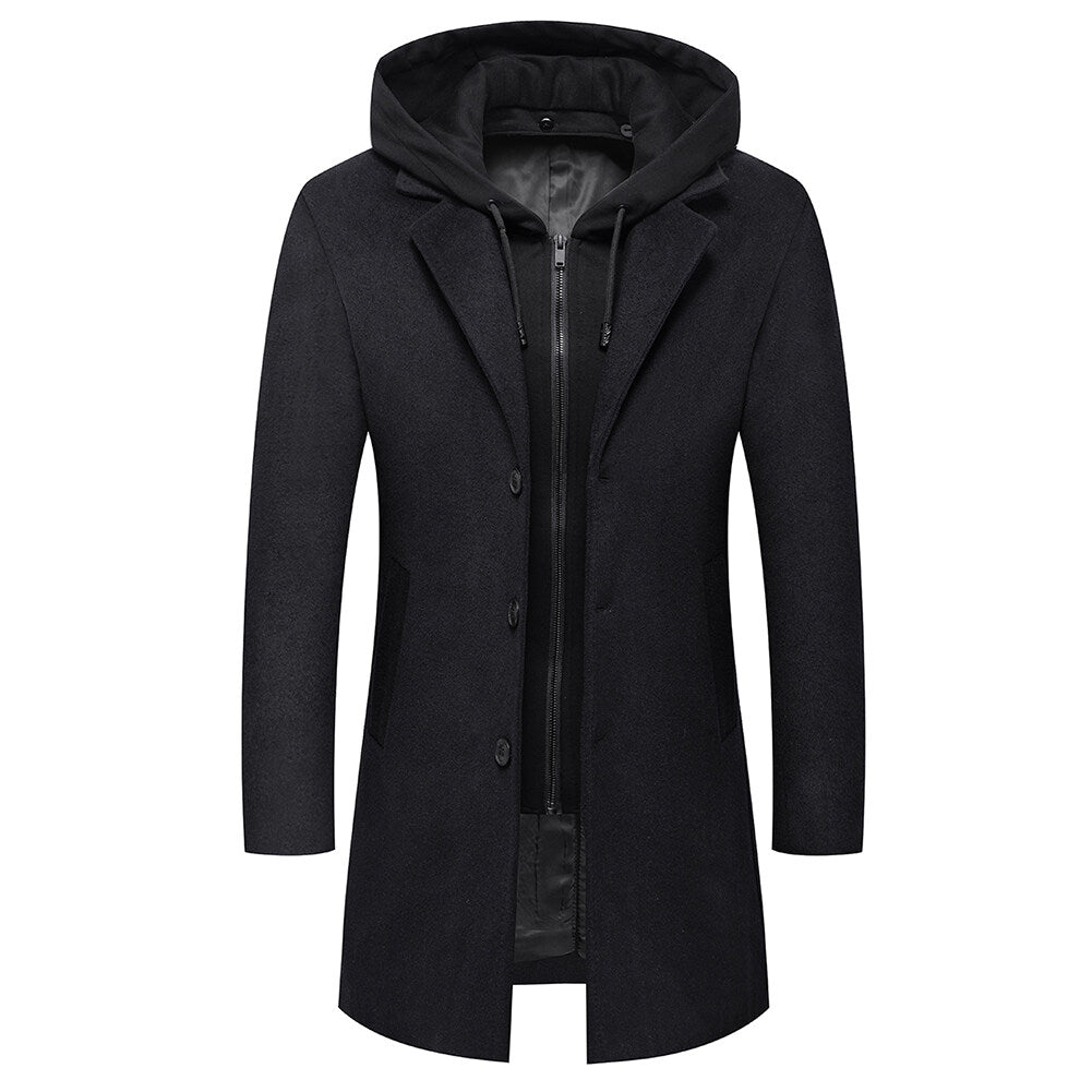 Youthup Mens Slim Fit Wool Coat Elegant Removable Hood Trench Overcoat