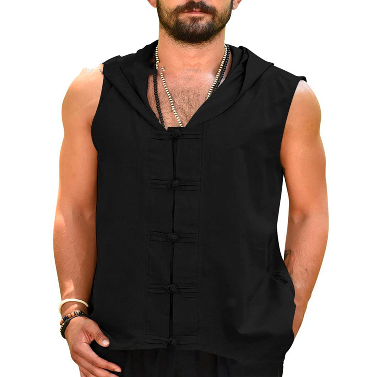 Youthup Mens Linen Sleeveless Hooded T-Shirt