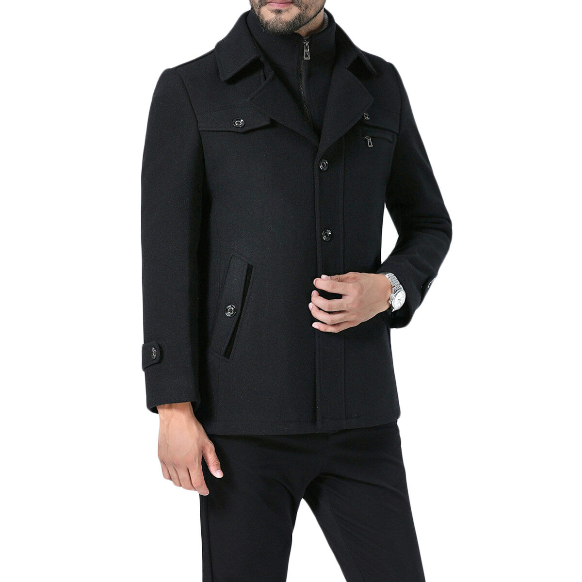Youthup Mens Short Overcoat Fake Two-Piece Wool Jacket